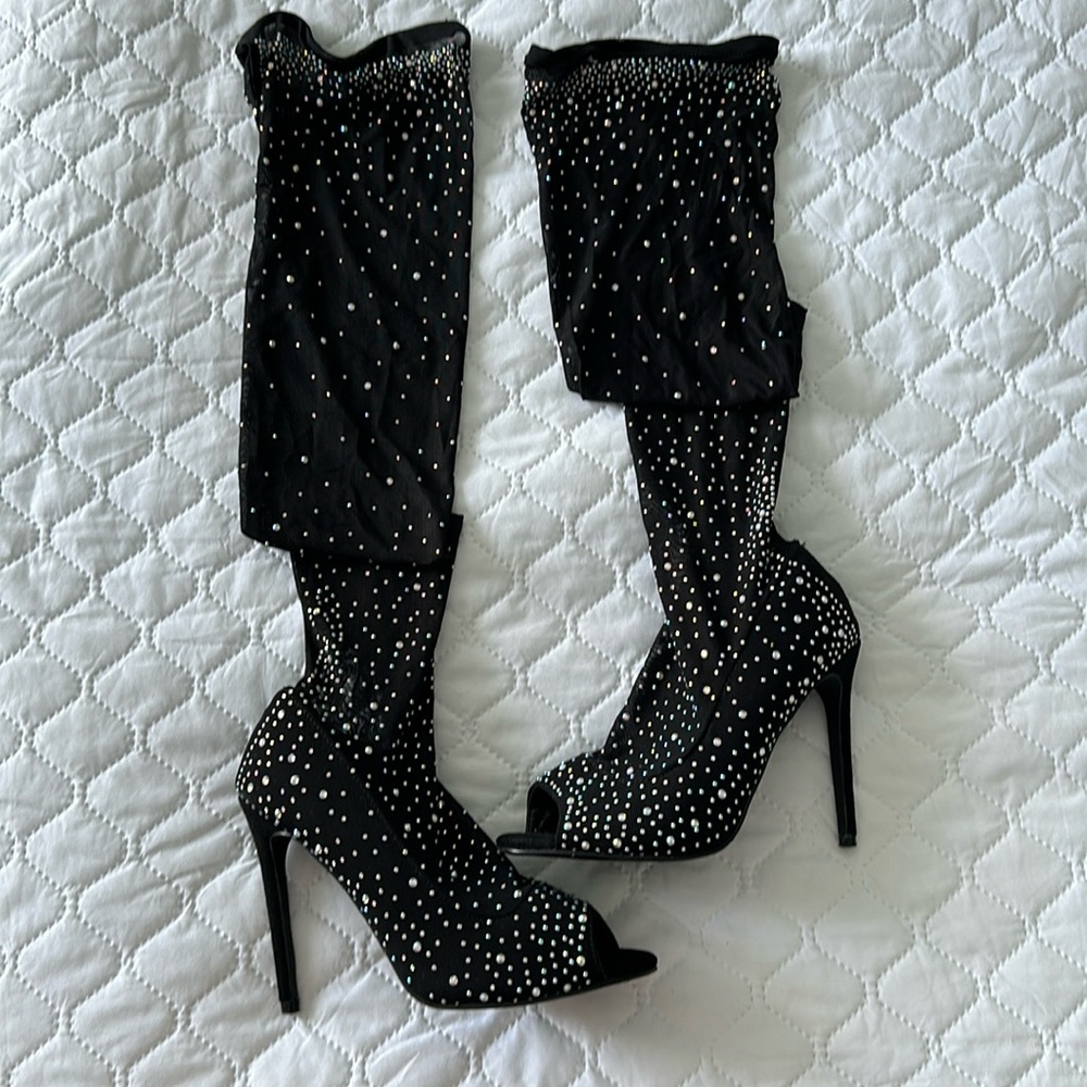 Over the Knee Open Toe Mesh Boots with Rhinestones